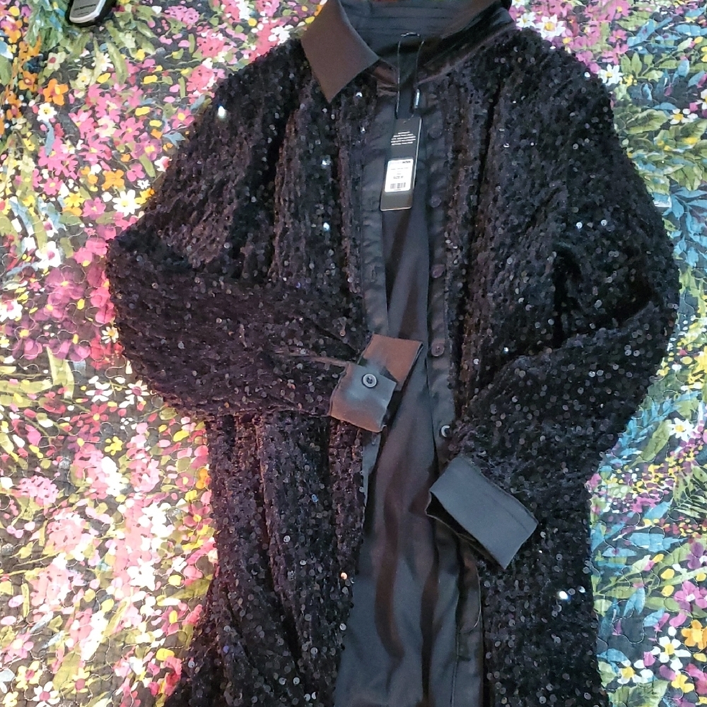 fashion nova black velvet & sequin mini dress/ shirt/ jacket